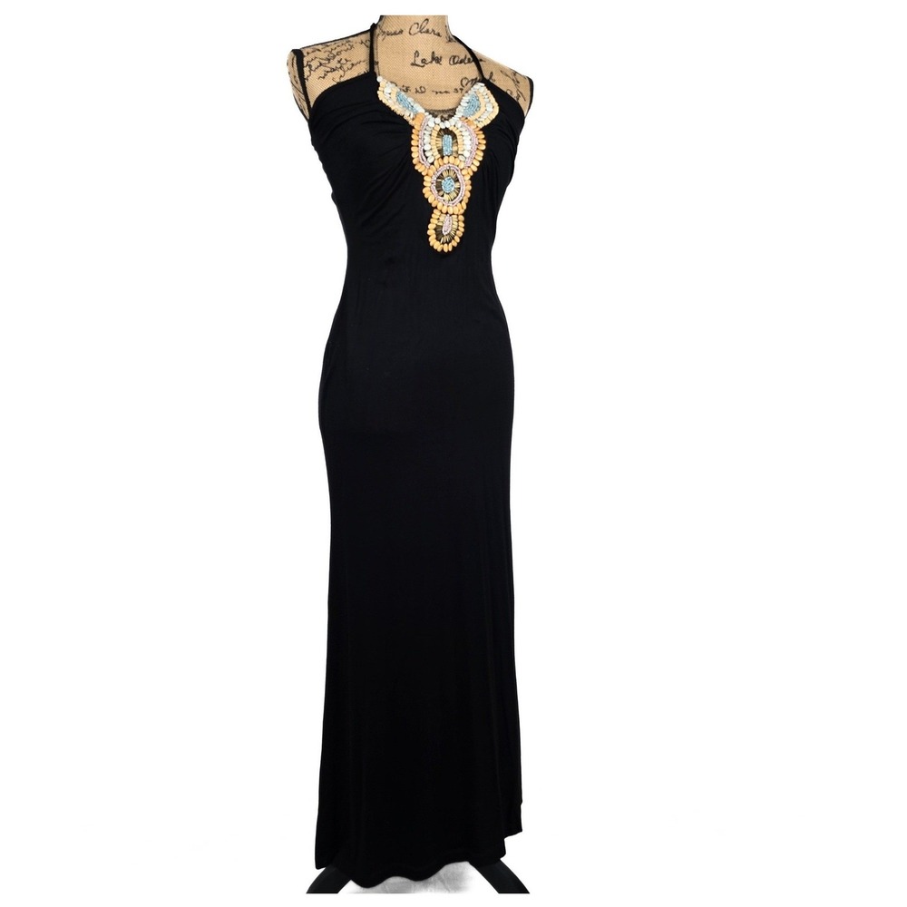 Venus Black Beaded Halter Maxi Dress Small Tribal Boho Jersey Knit Sleeveless